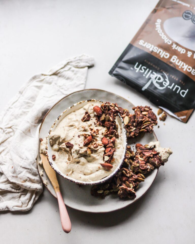 peanut butter caramel protein dip with almond and dark chocolate snacking clusters